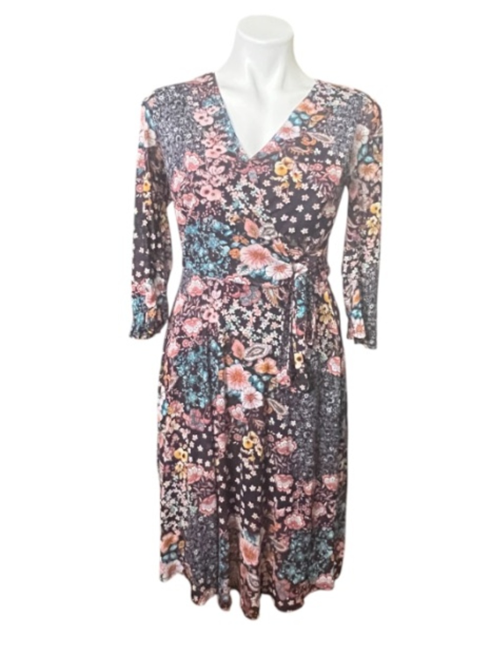 Stella & Julie Floral Faux Wrap Dress Mixed Print 3/4 Sleeve Size 8